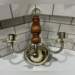 Vintage Double Arm Sconce Wood & Metal Gold Adjustable Candle Holder Wall Hanger